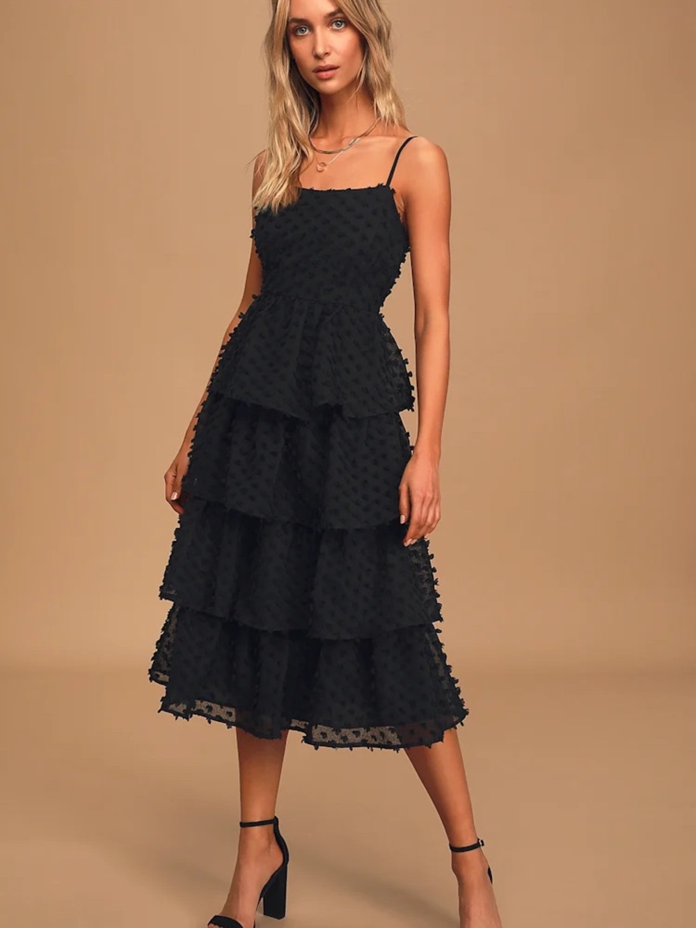 Lulus Flirting with You Black Tiered Pom Pom Midi Dress